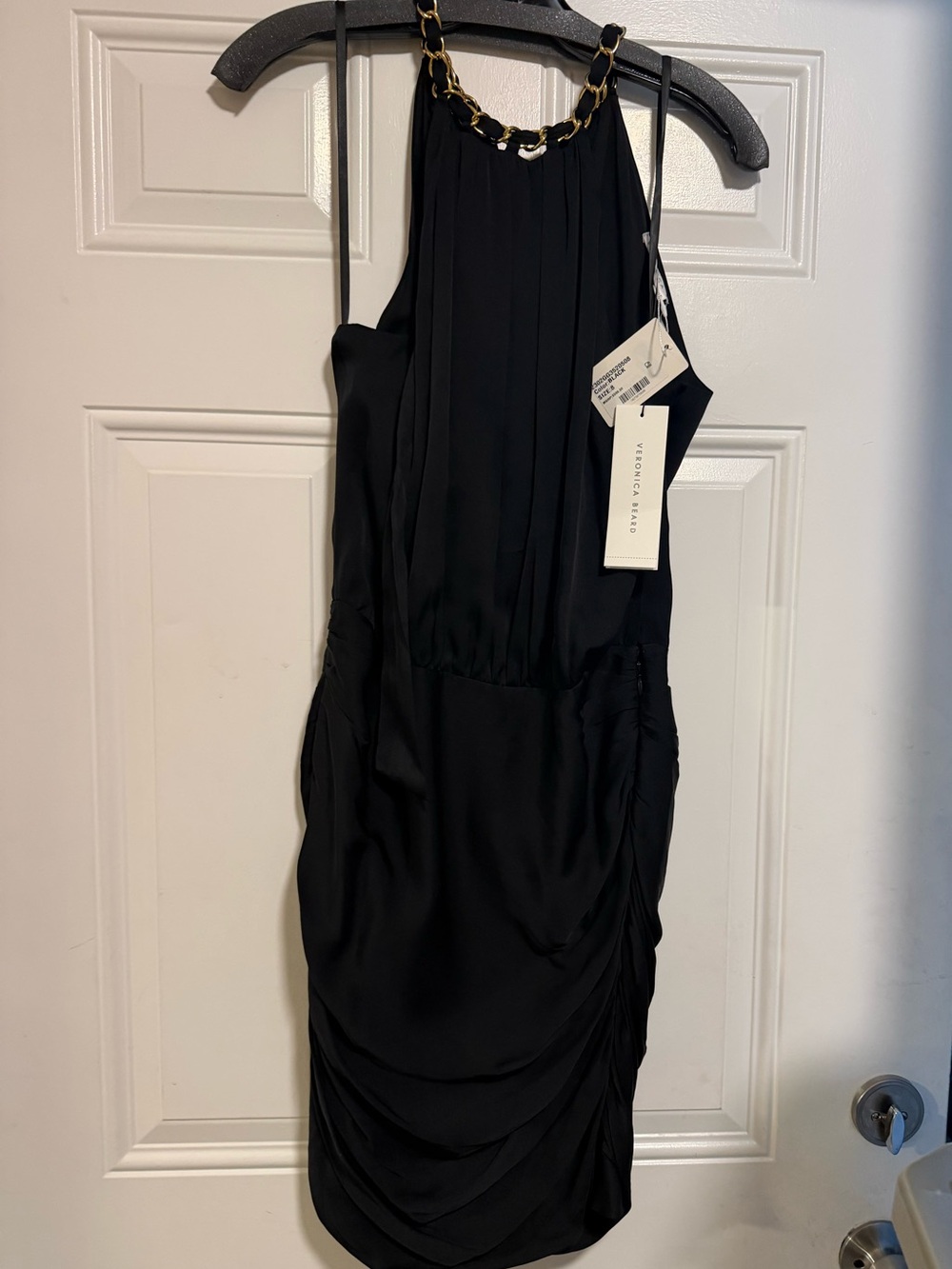 Veronica Beard Black Halter Mini Dress with Gold Chain